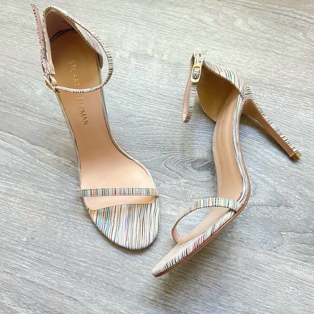 Stuart Weitzman Nudistsong Ankle Strap Striped Leather Heels Sandals Sz 10.5 - Picture 2 of 9